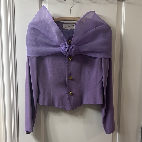 Elegant Purple Blazer Jacket with Gold Buttons and Sheer Rosette Shawl Size S - Picture 1 of 10